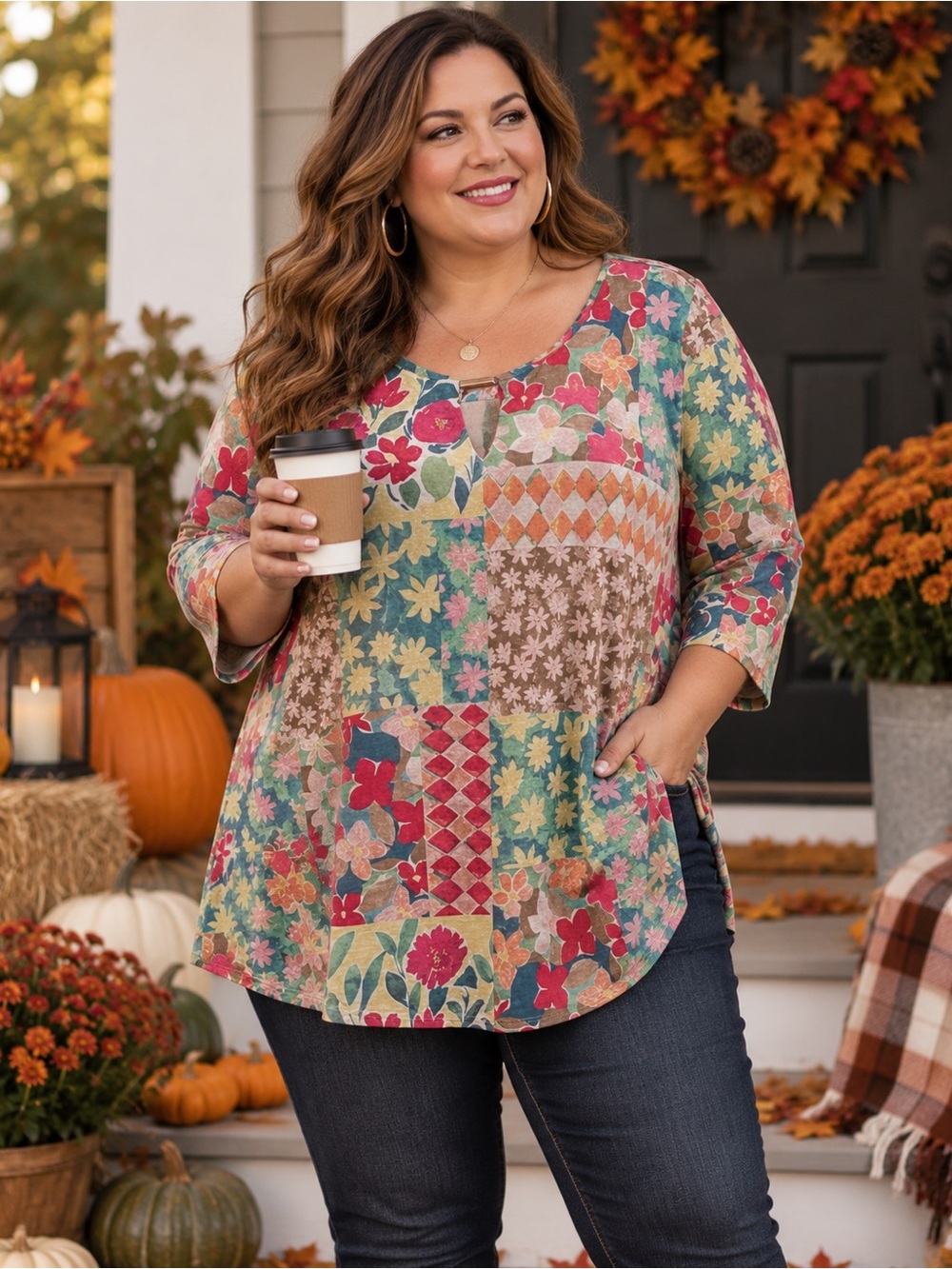 NWT Allison Daley Women’s Plus Spring Floral Patchwork Diagonal Hem Tunic Top 3X